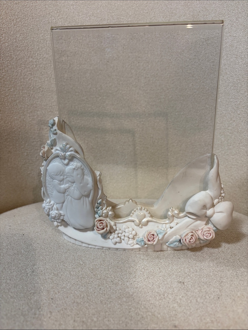 VTG 90s Precious Moments White Porcelain Frame with Pink Rose Detail